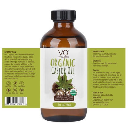 VITAL AFFAIR Castor Oil Organic Cold Pressed Unrefined Glass Bottle- USDA Certified Organic Castor Oil