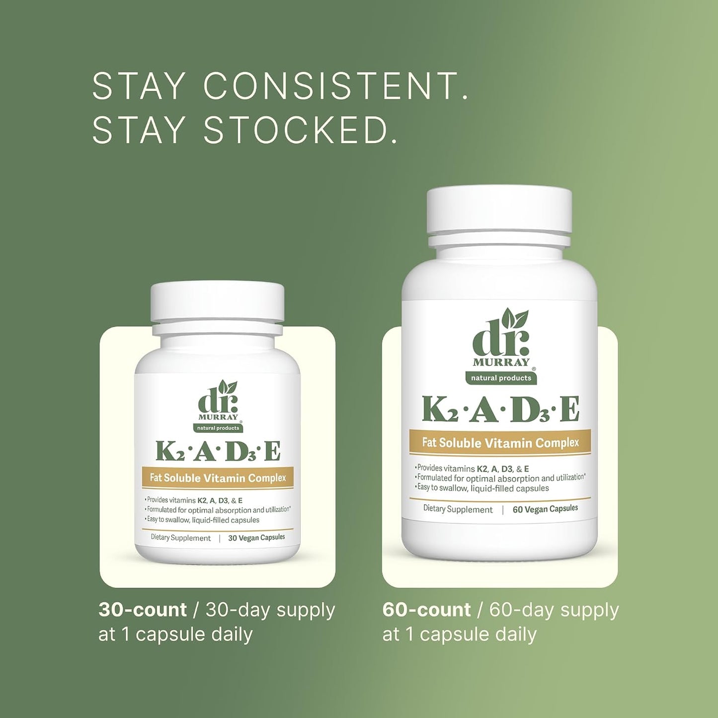 Dr. Murray's Vitamin K2-D3-A-E Liquid Vegan Capsules - Synergistic Fat-Soluble Blend | Bone, Vascular & Immune Support | Third-Party Tested | Clean Formulation | No Artificial Additives | 30 Count