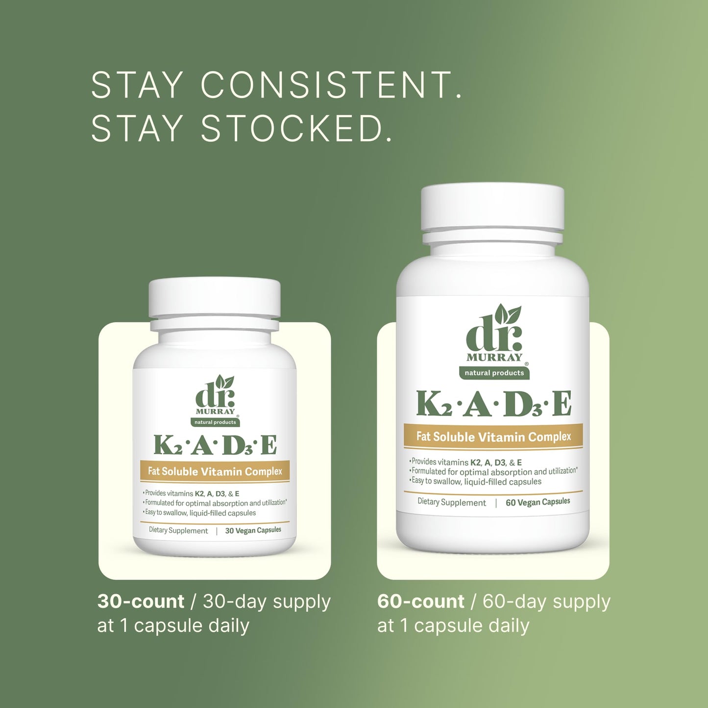 Dr. Murray's Vitamin K2-D3-A-E Liquid Vegan Capsules - Synergistic Fat-Soluble Blend | Bone, Vascular & Immune Support | Third-Party Tested | Clean Formulation | No Artificial Additives | 30 Count