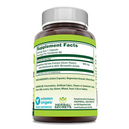 Herbal Secrets Boswellia Serrata Extract (65% Boswellic Acids) 600 mg 120 Capsules Supplement - Non-GMO - Gluten Free