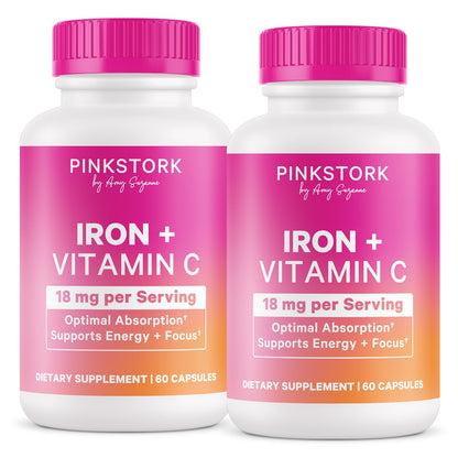 Pink Stork Iron for Women with Vitamin C, 60 Capsules, 2-Month Supply | 18 mg Chelated Iron Bisglycinate + Vitamin C, Supports Energy, Focus + Oxygen, Pregnancy, Postpartum, PMS + Perimenopause