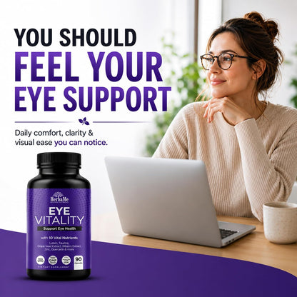 HerbaMe Eye Vitamins Supplement with Lutein, Bilberry, Beta Carotene, L-Taurine, Zinc and Quercetin, 90 Capsules, Supports Vision, Ocular and Macular Health, Helps Eyes Filter Blue Light