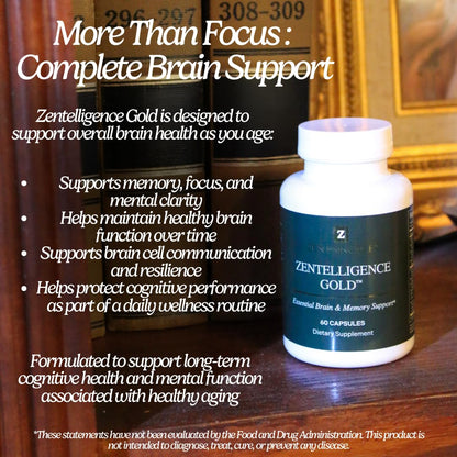 Zen Principle Zentelligence™ Gold Brain Supplement – Memory, Focus & Mental Clarity. Premium Cognitive Support for Adults 40+ with Magnesium, Vitamin D3, CoQ10, Vitamin B12 & L-Theanine. 60 Capsules