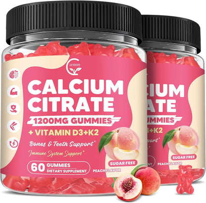 (2 Pack) Calcium Citrate Gummies 1200 mg with Vitamin D3, K2 for Bone, Muscle & Immune Support, High Absorption Chewable Calcium Supplements for Women & Men, Sugar Free, Vegan, Peach Flavor, 60 Chews