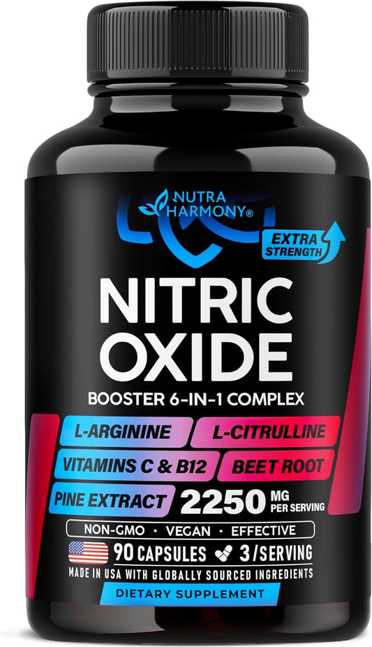 Nitric Oxide Supplement for Men & Women 2250 mg - Nitric Oxide Booster - Pine Bark | L-Arginine | L-Citrulline | Beet Root | Vitamin C & B12 - Muscles, Energy & Circulation - Lab Tested, 90 Capsules