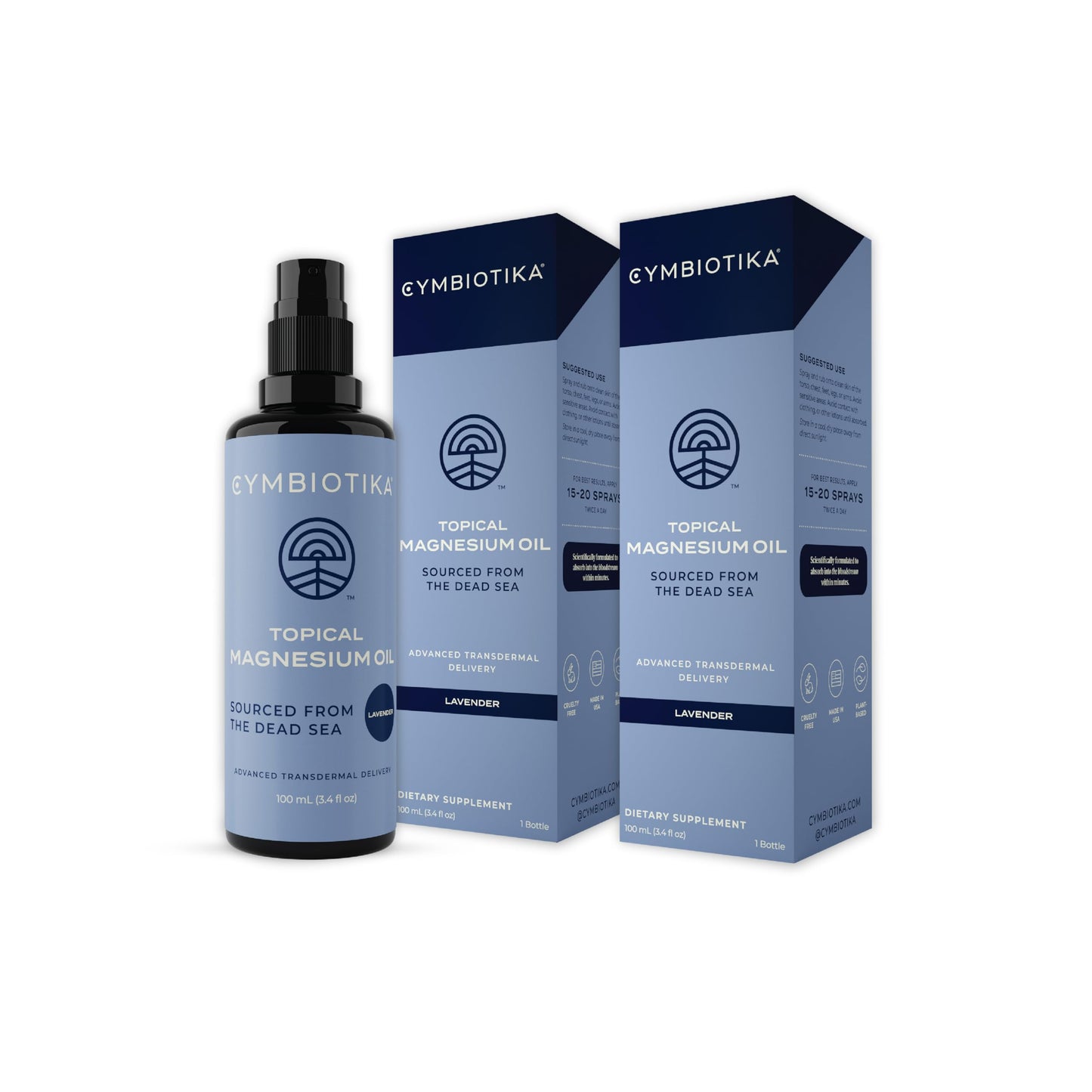 CYMBIOTIKA Topical Magnesium Oil Spray for Body, USA Made, Supplement for Leg Cramps, Muscle, Joint Health & Sleep Support, Includes Magnesium Chloride, Lavender Extract, Aloe Vera - Skin Applicator