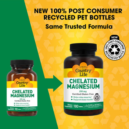 Country Life, Chelated Magnesium 250mg, Supports Bone and Immune Health, Daily Supplement, 240 ct