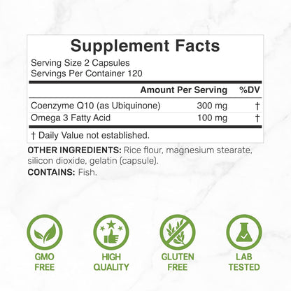DEAL SUPPLEMENT CoQ10 300mg with Omega 3 100mg, 240 Capsules | Bioavailable Coenzyme Q10 Formula | Supports Heart, Energy & Brain Health | Antioxidant Support | Non-GMO