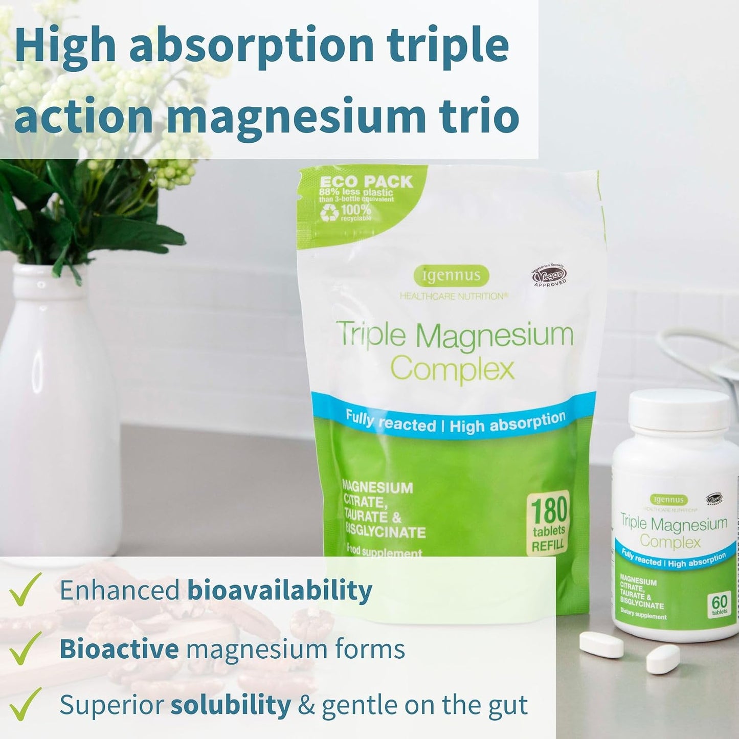 Super B-Complex 180 Tablets + Triple Magnesium Complex 180 Tablets Vegan Bundle, Methylated Sustained Release B Complex + High Absorption Chelated Magnesium Glycinate, Taurate & Citrate, by Igennus