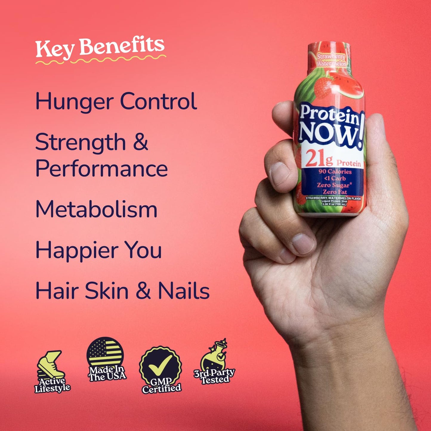 Protein Now Liquid 3 oz. Protein Shot By NutraBio– 21g Protein, 0 Carbs, 0 Fat, GLP-1 Support, Ready-to-Drink, No Refrigeration, Whey & Collagen Protein for Hair, Skin & Nails, On-the-Go Nutrition- Strawberry Watermelon