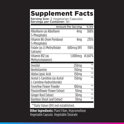 Livingood Daily Nerve Support Supplement for Women & Men, 12-in-1 Nerve Health Formula with Methylated B12, Folate, Benfotiamine, Alpha Lipoic Acid & Feverfew, Gluten Free, Non-GMO, 60 Capsules
