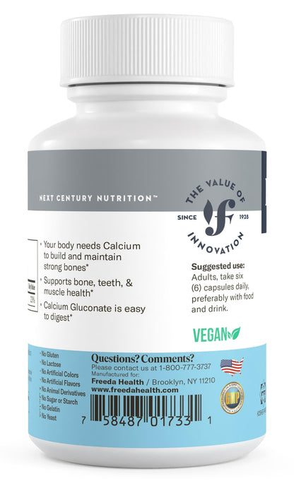 FREEDA Calcium Gluconate Supplement for Bone & Joint Support – 100 Capsules | Supports Teeth & Muscle Health – Pure Calcium w/o Vitamin D – Gentle on Stomach, Easy-to-Digest, Kosher, Vegan, Made in USA