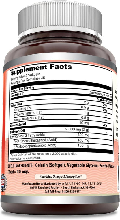 Amazing Omega Wild Alaskan Salmon Oil 2000mg Per Serving Softgels Supplement (90)