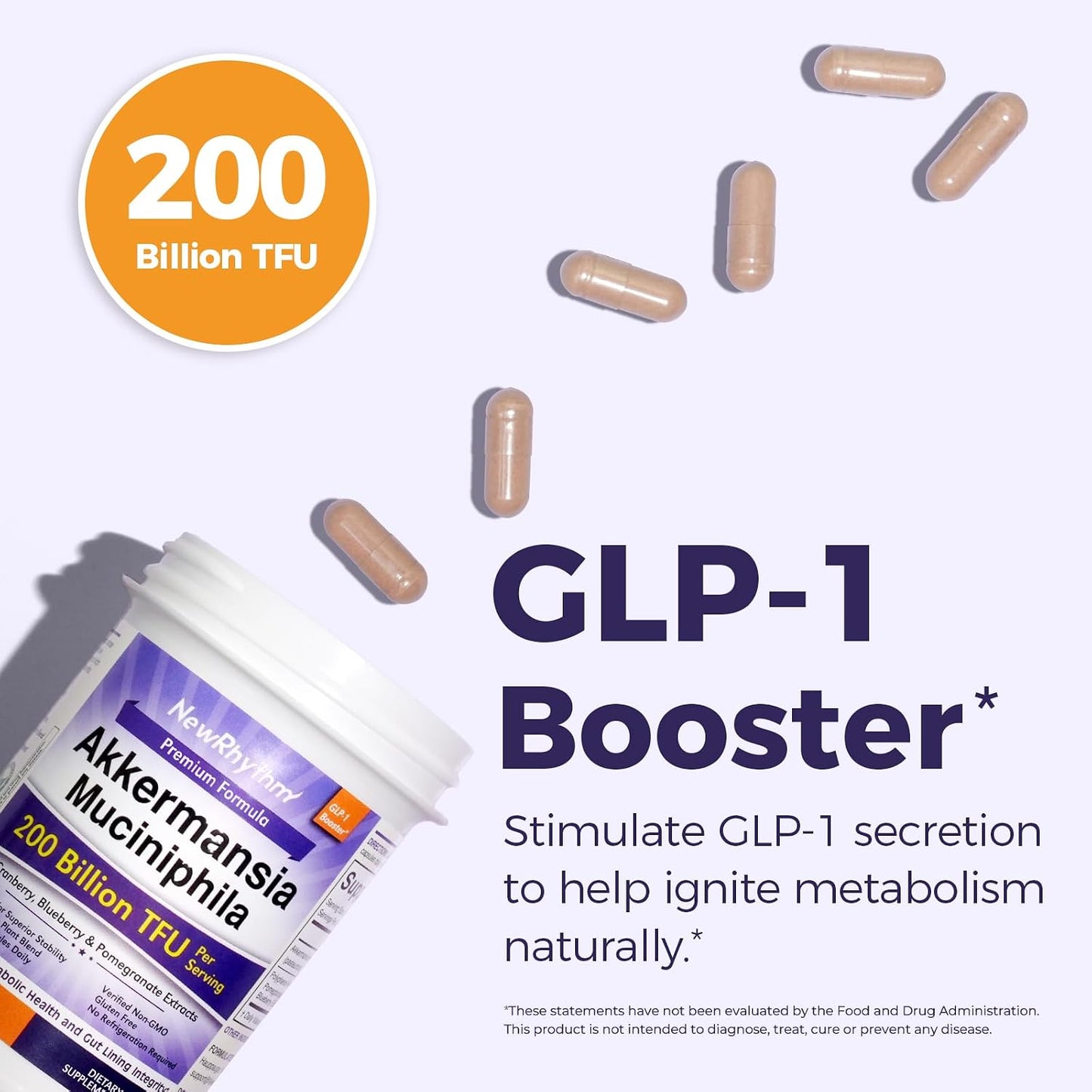 NewRhythm Akkermansia Muciniphila for Women & Men 200B TFU, Naturally Increase GLP-1 Metabolism Booster Gut Lining Repair, Cranberry Blueberry Pomegranate Extracts, Vegan, 60 Caps