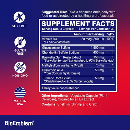 BioEmblem Glucosamine Sulfate 1500mg with Chondroitin & MSM, Joint Support Supplement with Boswellia, Turmeric & Hyaluronic Acid, Supports Mobility, Flexibility & Cartilage Health, Non-GMO, 90 Caps