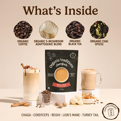 Organic Traditions Mind Fuel Instant Mushroom Coffee Alternative, Caffeine Free Lion’s Mane and Maca Herbal Drink with Dandelion, Chicory, Roasted Grain Blend, Natural Focus Support, 140g / 5oz