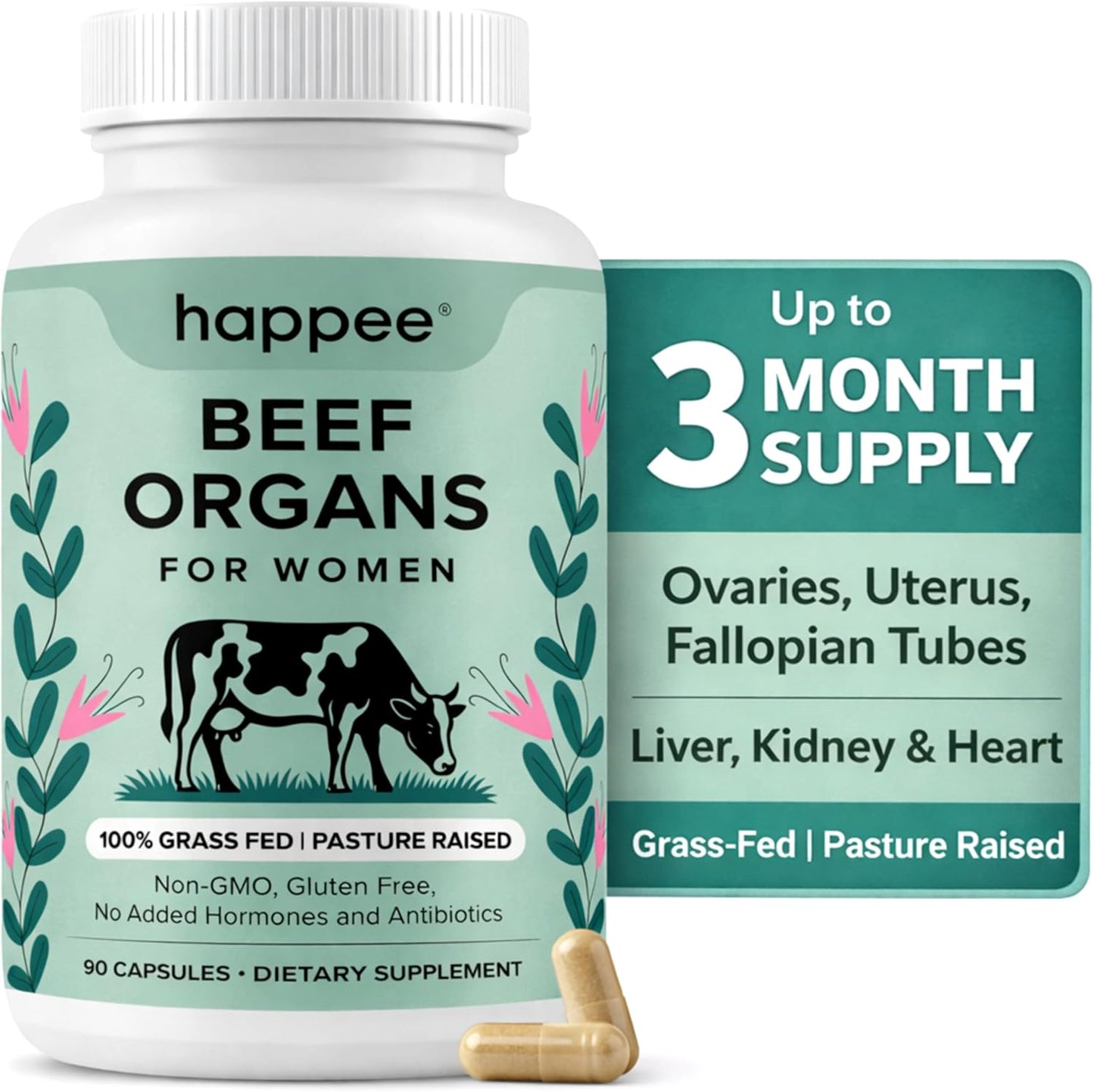 Happee Grass Fed Beef Organ Supplement for Women - Beef Liver, Heart, Kidney, Ovary & Uterus Blend - Hormone Balance, Energy & Cycle Support - 90 Capsules