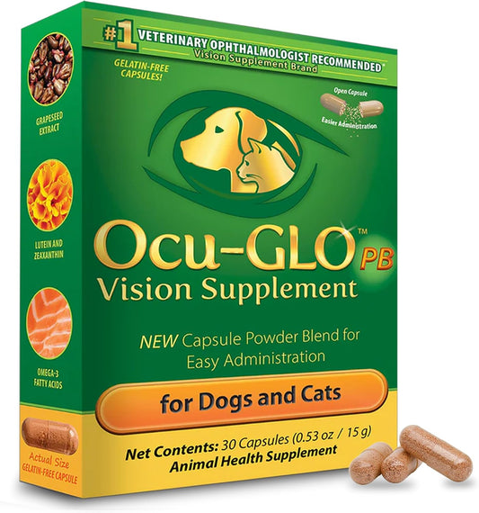 PB Vision Supplement for Small Dogs & Cats – Easy to Administer Powder Blend with Lutein, Omega-3 Fatty Acids, Grape Seed Extract and Antioxidants to Promote Eye Health, 30ct Sprinkle Capsules