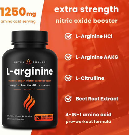 NutraChamps L-Arginine Supplement 1000mg + L-Citrulline 250mg & Beet Root – Nitric Oxide Booster for Heart Health, Energy & Stamina – Extra Strength Amino Acid Complex – 120 Vegan Capsules