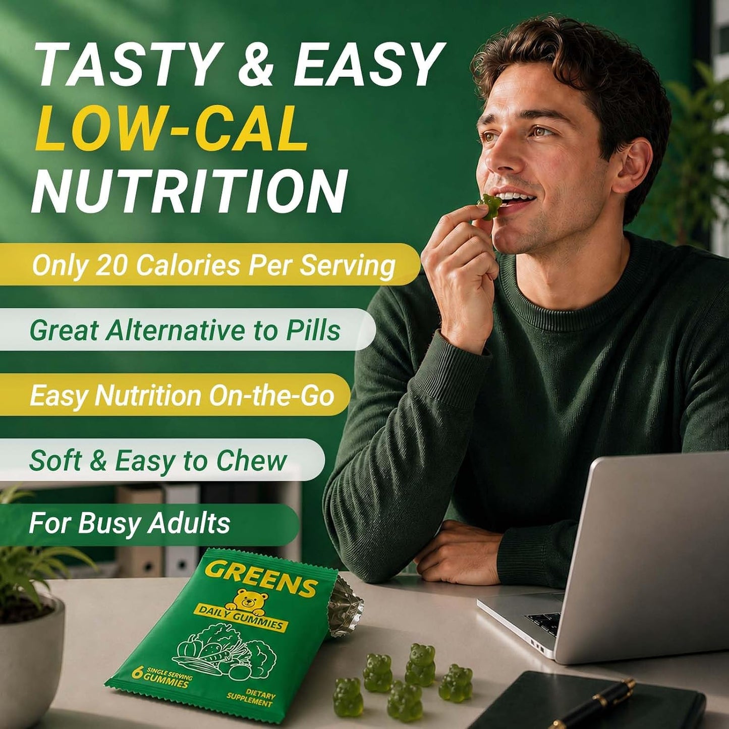 Greens Daily Gummies, Super Greens Multivitamin Gummy for Women and Men, Superfood Gummies with Spirulina, Chlorella, Adaptogens,Fruits, Vegetables, Support Digestion Gut Health - 20 Servings