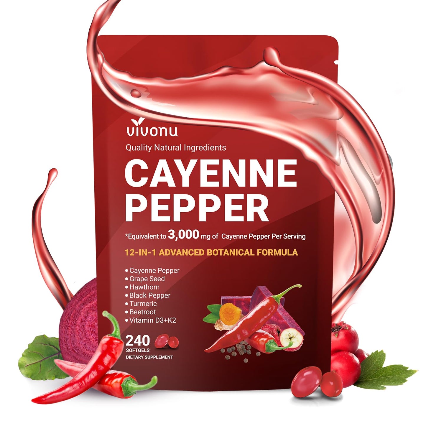 Cayenne Pepper Softgels Supplement, Supports Leg Vein, Heart and Blood Vessel Health, with Vitamin E D3+K2 and Extracts of Grape Seed, Hawthorn, Beetroot, Berberine and Others (Softgels / 1 Bag)