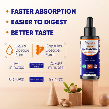 Vitamatic Liquid Melatonin 20 mg, 2 fl oz (59 mL) - 2 Pack | Sleep Support*, Natural Berry Flavor, Non GMO, Gluten Free, Made in USA