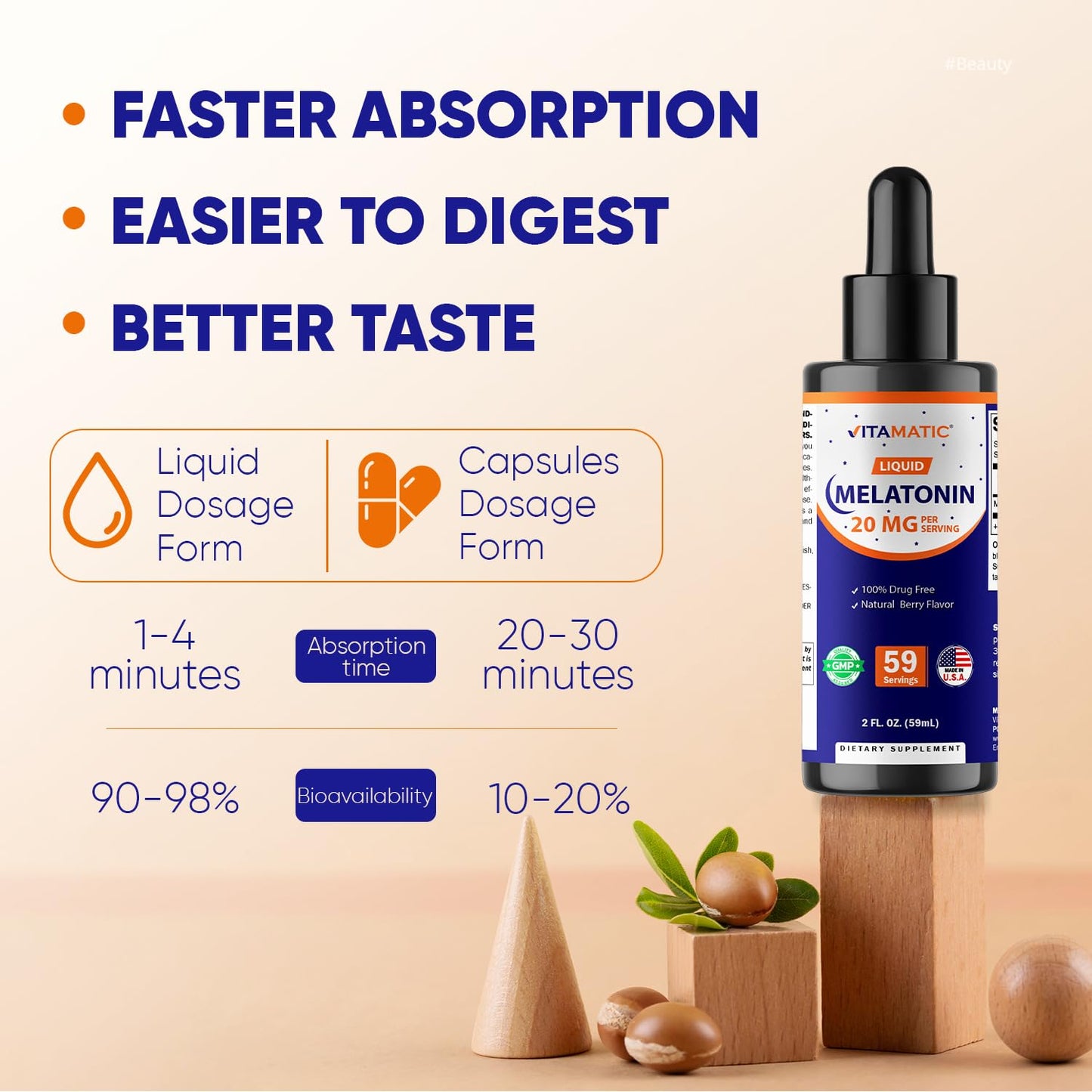 Vitamatic Liquid Melatonin 20 mg, 2 fl oz (59 mL) - 2 Pack | Sleep Support*, Natural Berry Flavor, Non GMO, Gluten Free, Made in USA
