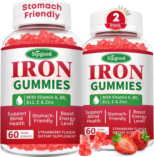 2 Pack Iron Gummies for Women & Men, Iron Supplement, Sugar Free, Vegan | for Anemia & Iron Deficiency, with Vitamin B12, Vitamin C, Zinc, Folate - Energy Boost, Strawberry Flavor, 120 Count