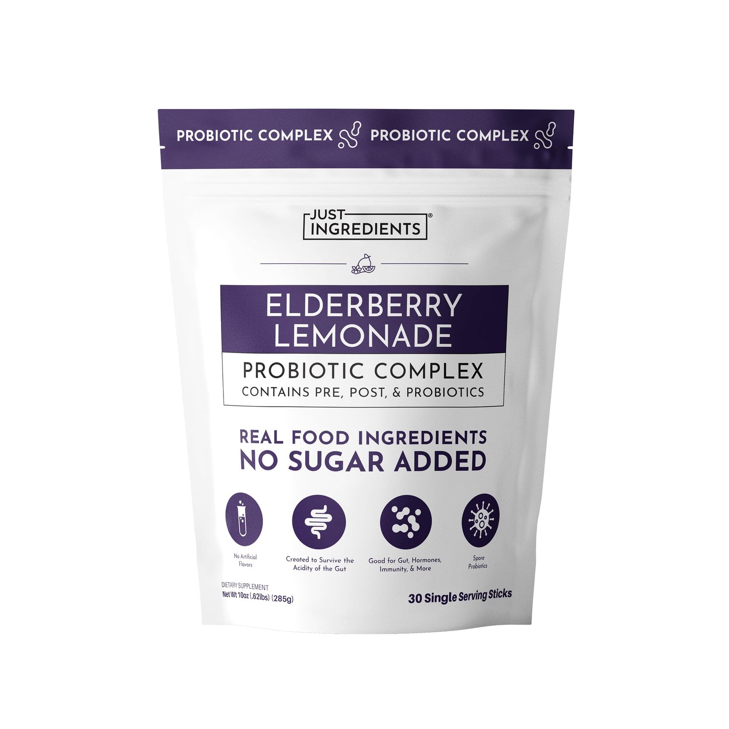 JUST INGREDIENTS Elderberry Lemonade 3-in-1 Probiotic Complex - Prebiotics, Probiotics & Postbiotics - 30 Sticks