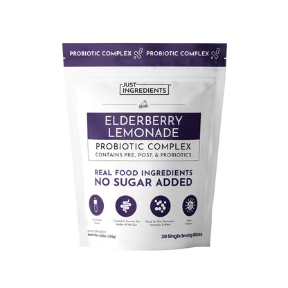 JUST INGREDIENTS Elderberry Lemonade 3-in-1 Probiotic Complex - Prebiotics, Probiotics & Postbiotics - 30 Sticks