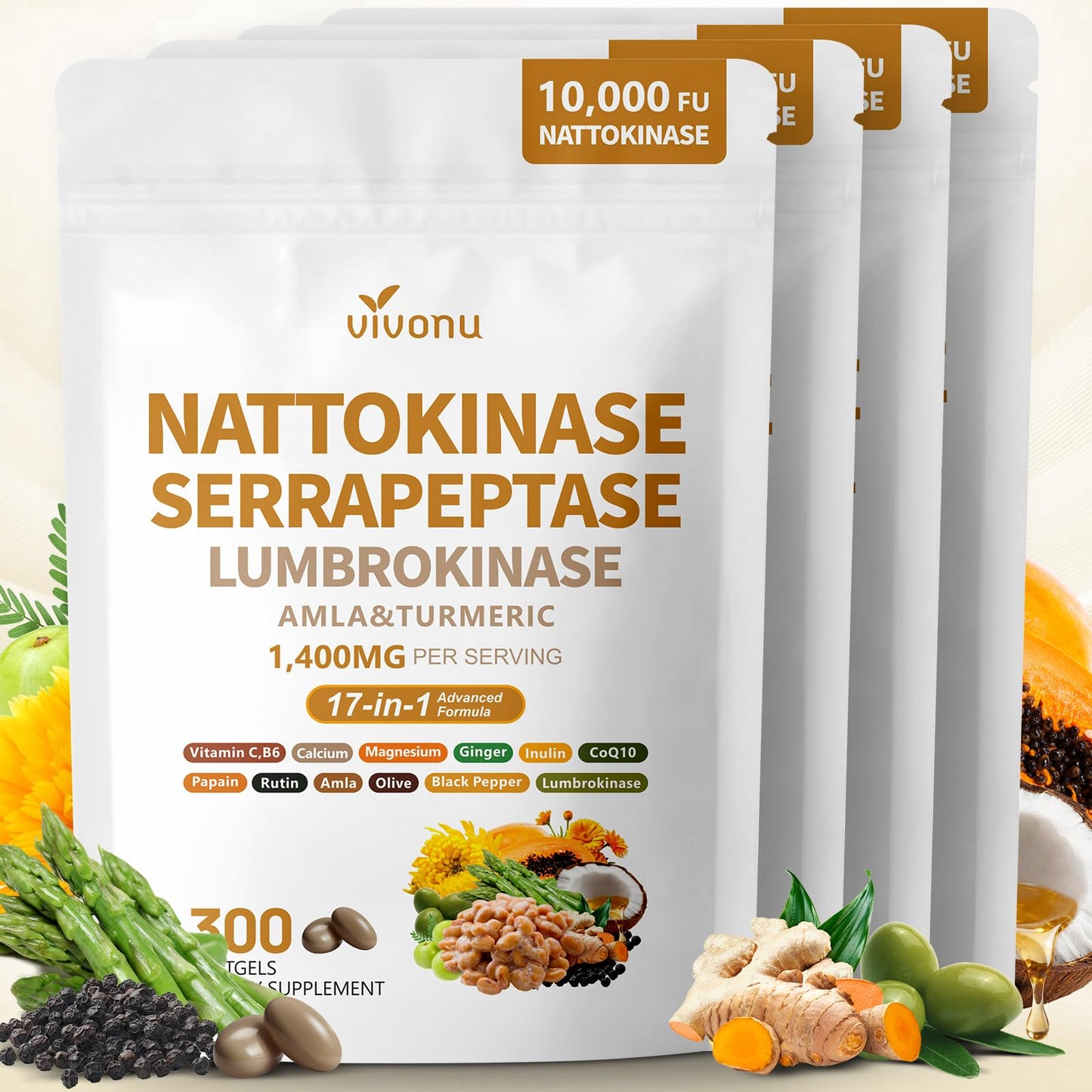 VivoNu Nattokinase 300 Softgels, 500mg(10,000 FU) Per Serving | 17-in-1 Organic Nattokinase Supplement with Serrapeptase*,Lumbrokinase*,CoQ10,AMLA&Turmeric|for Heart* Health|Non-GMO