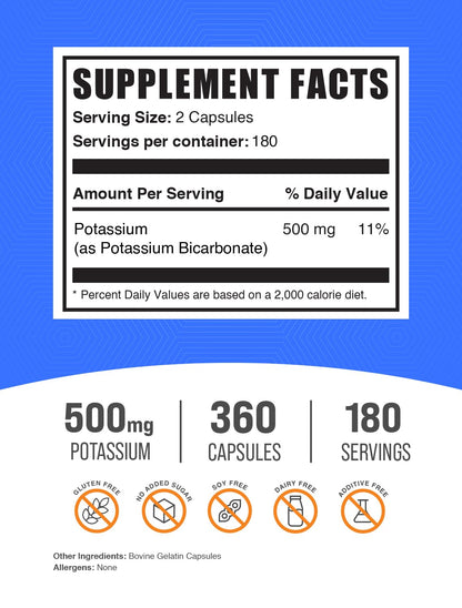 BulkSupplements.com Potassium Citrate Capsules - Mineral Supplement, Potassium Citrate 99mg - Gluten Free, 1 Capsule per Serving, 500 Count (Pack of 1)