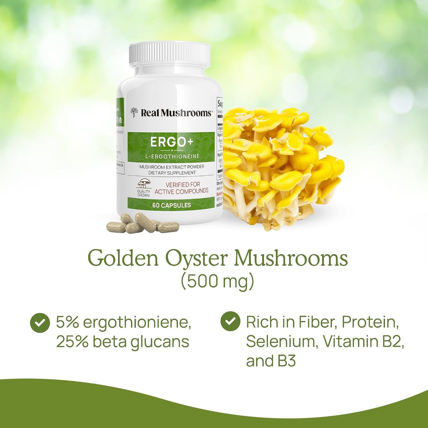 Real Mushrooms Ergothioneine (60ct) and Lions Mane (120ct) Bundle with Shiitake and Oyster Mushroom Extracts - Longevity and Cognition - Vegan, Gluten Free, Non-GMO