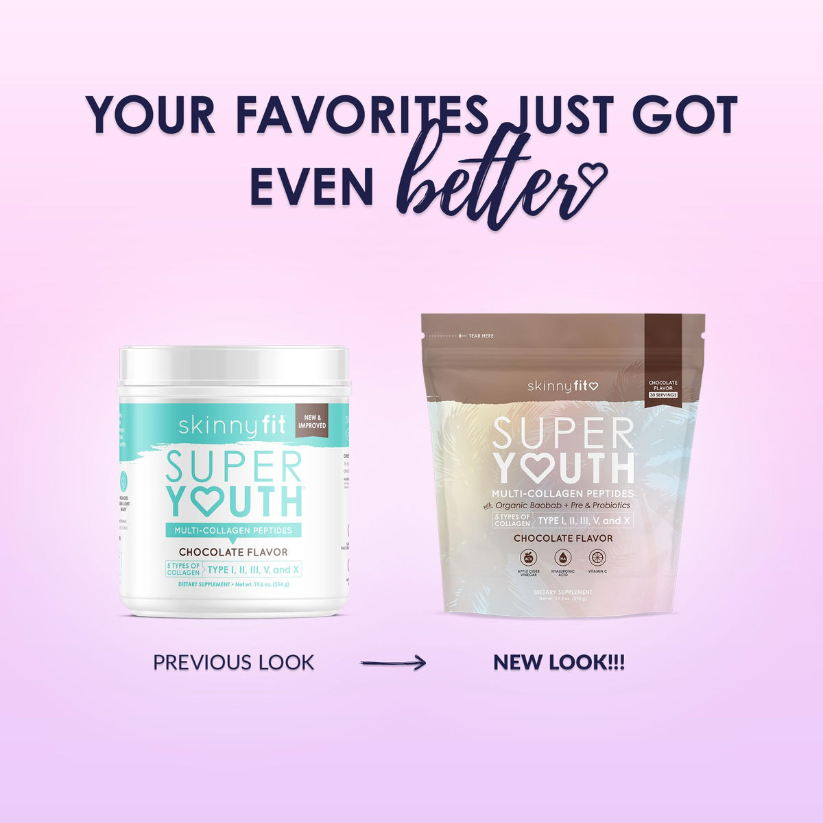 SkinnyFit Super Youth Chocolate Multi-Collagen Peptides + Probiotics, Baobab Fiber