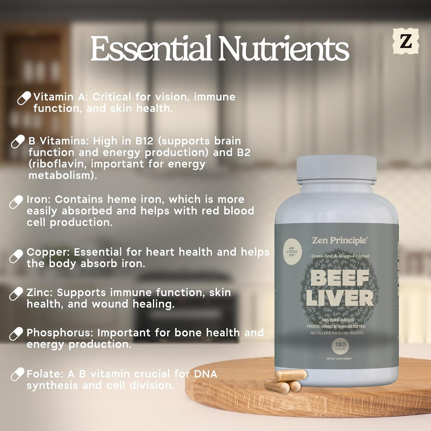 Zen Principle Ultra-Pure Desiccated Beef Liver, Grass-Fed & Finished New Zealand, No Hormones or GMOs, Natural Energy & Workout Support with Iron, Amino Acids & Vitamins. 360 Capsules.