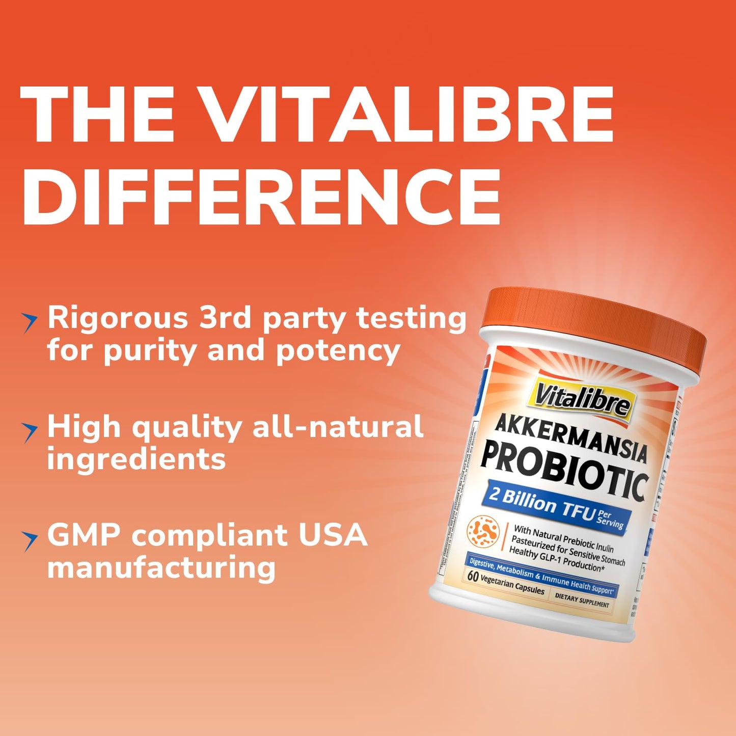 Vitalibre Akkermansia Muciniphila Probiotic 1 Billion TFU, w/Natural Prebiotic Inulin, Naturally Increases GLP-1, Healthy Digestion & Metabolism, Probiotic Supplement for Women & Men, 30 Capsules