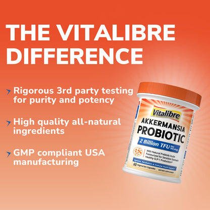 Vitalibre Akkermansia Muciniphila Probiotic 1 Billion TFU, w/Natural Prebiotic Inulin, Naturally Increases GLP-1, Healthy Digestion & Metabolism, Probiotic Supplement for Women & Men, 30 Capsules