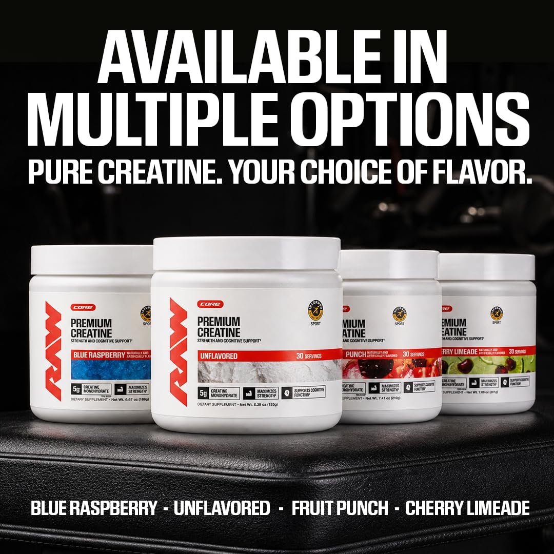 RAW Nutrition Creatine Monohydrate Powder, Unflavored (30 Servings) - Micronized Creatine Monohydrate Supplement for Workout Performance, Build Muscle & Strength - Creatine Powder for Men & Women