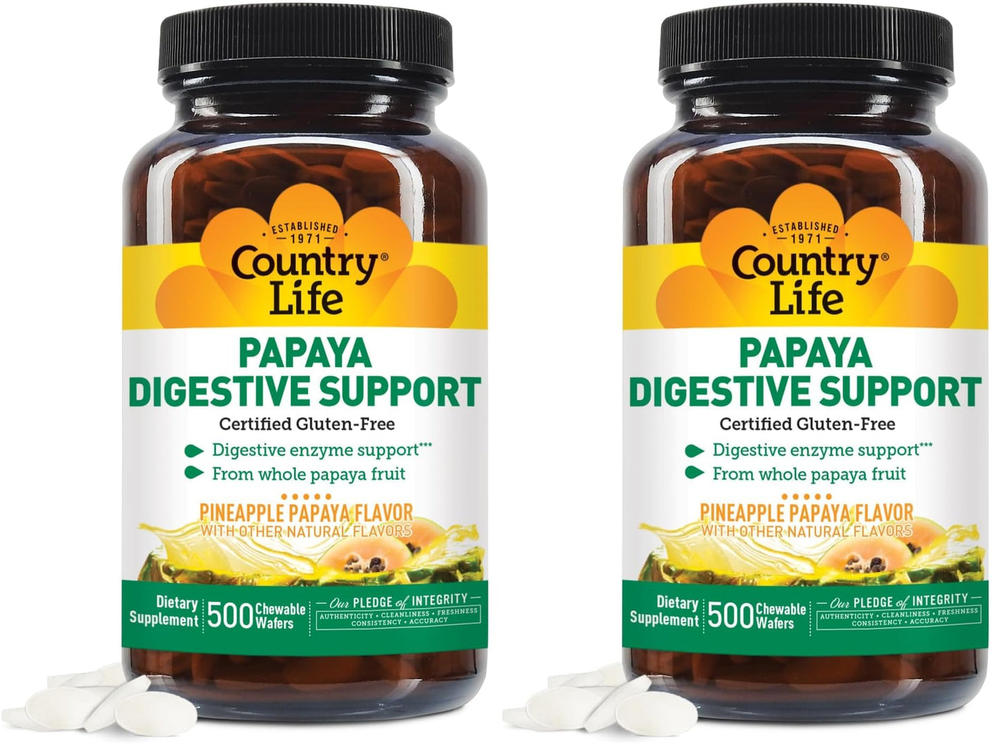 Country Life Papaya Digestive Support, 500 Chewable Wafers | Natural pineapple & papaya Flavor. Assists nutrient absorption, contains papain & protease