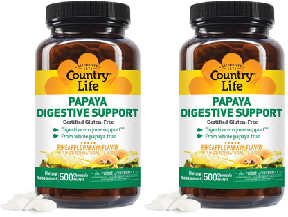 Country Life Papaya Digestive Support, 500 Chewable Wafers | Natural pineapple & papaya Flavor. Assists nutrient absorption, contains papain & protease