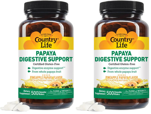 Country Life Papaya Digestive Support, 500 Chewable Wafers | Natural pineapple & papaya Flavor. Assists nutrient absorption, contains papain & protease