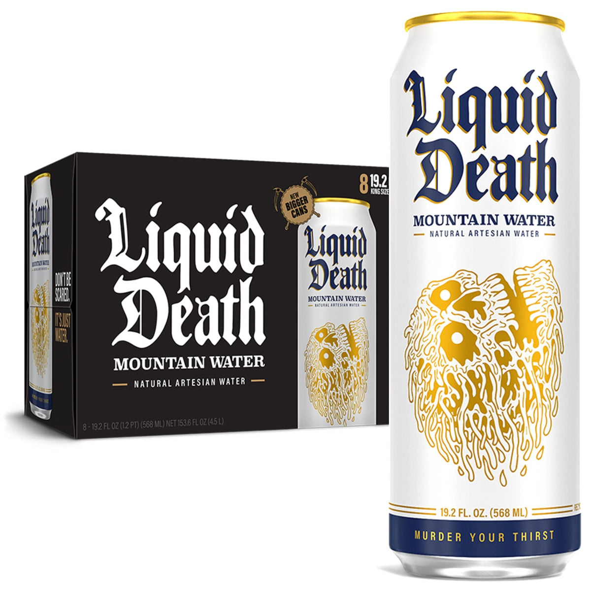 Liquid Death Still Mountain Water, 19.2 oz King Size Cans (8-Pack)