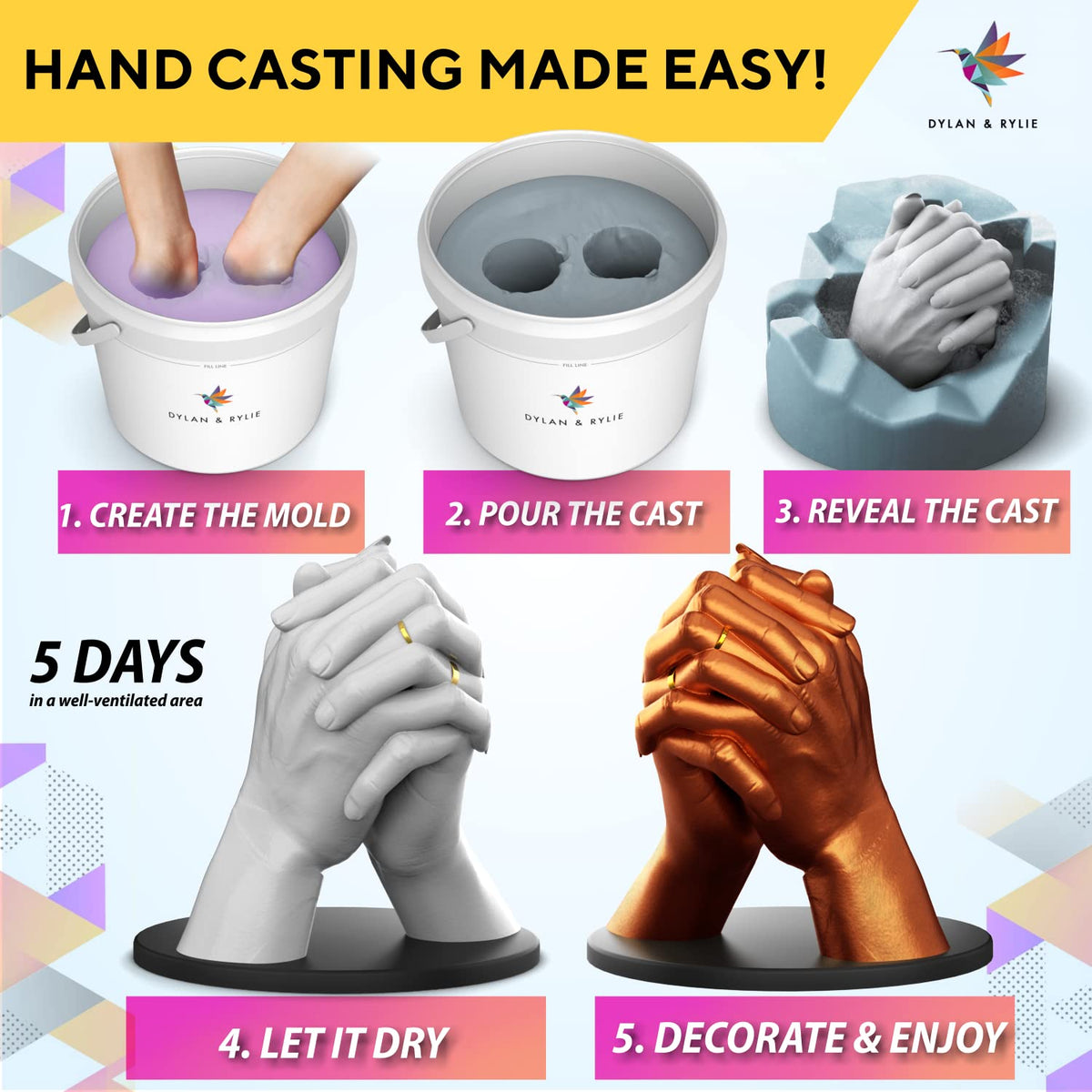 Dylan & Rylie Hand Casting Kit for Couples - Complete DIY Plaster Mold & Painting