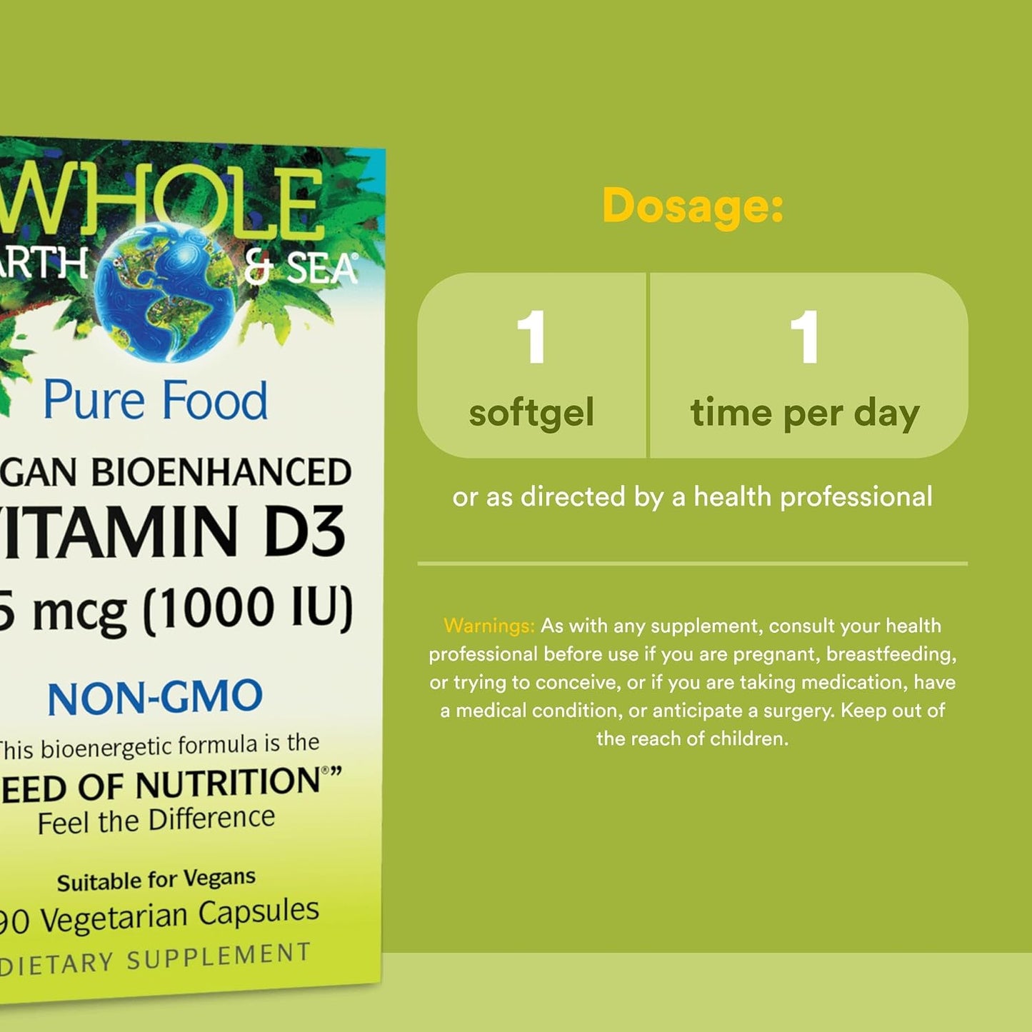Natural Factors Whole Earth & Sea Vitamin D3 - Dietary Supplement Supports Strong Bones & Joints - Aids Calcium Absorption - Vegan & Non-GMO - 90 Vegetarian Capsules (90 Servings)