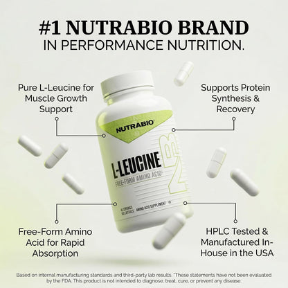 NutraBio L-Leucine Supplement - Optimal Amino Acid for Muscle Growth & Recovery - Naturally Fermented Free Form Leucine Amino Acids Supplement- Vegan, Non-GMO, Gluten Free - 400mg, 180 Capsules