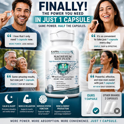 Kappa Nutrition, Magnesium Glycinate 60 Vegan Capsules, 160 mg Elemental | High-Absorption Chelated Magnesium | 1 Capsule Daily | Non-GMO, Vegan, Gluten-Free | Made in USA with Canadian Magnesium
