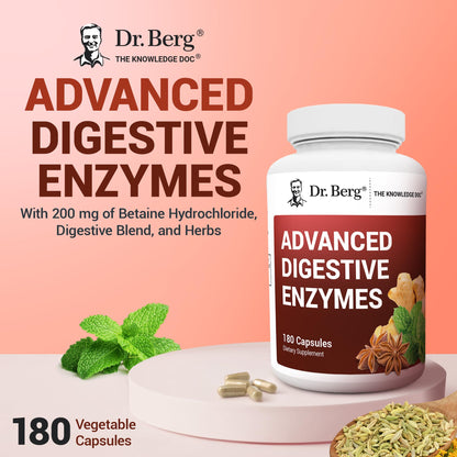 Dr. Berg Advanced Digestive Enzymes with Apple Cider Vinegar - Includes Digestive Health Ingredients Like Betaine Hydrochloride (HCI), Ginger Root & Peppermint Leaf - 180 Capsules