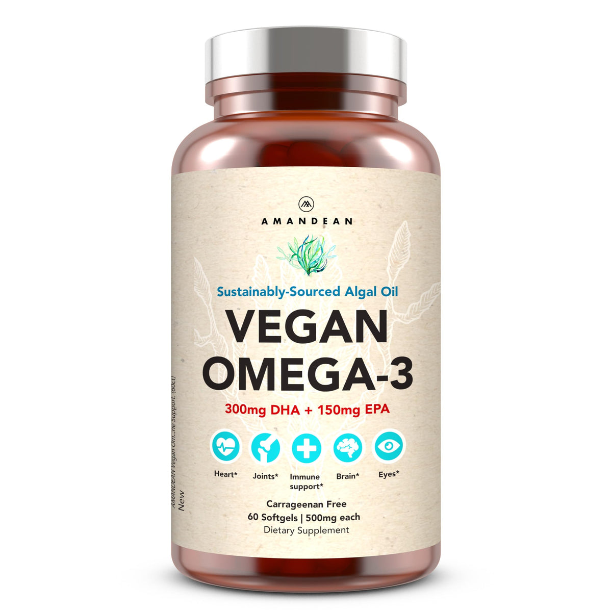 AMANDEAN Vegan Omega-3 Supplement, Algal Oil Algae DHA EPA Softgels, 120ct