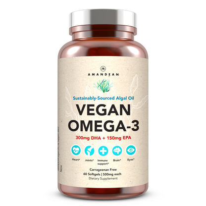 AMANDEAN Vegan Omega-3 Supplement, Algal Oil Algae DHA EPA Softgels, 120ct
