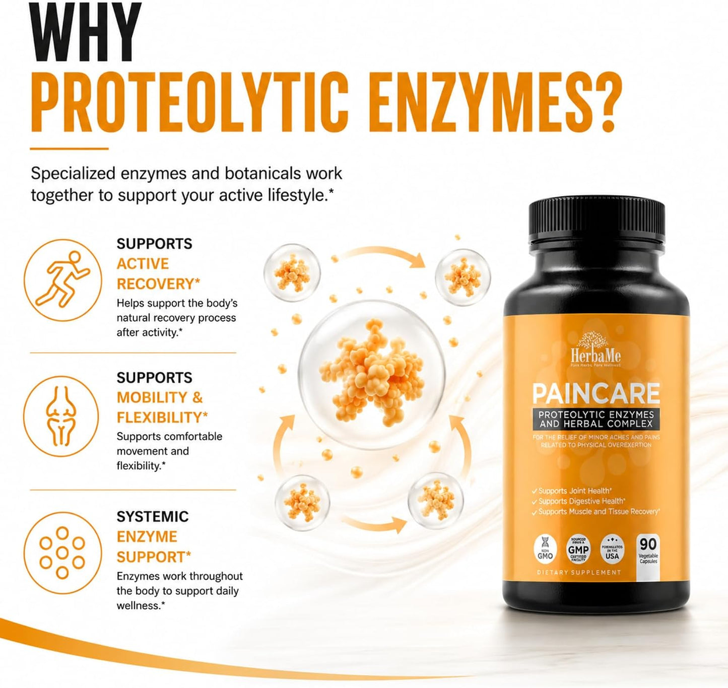 HerbaMe Proteolytic Enzymes with Serrapeptase, Bromelain & Herbal Blend for Mobility & Active Recovery Support, Systemic Enzyme Formula for Joint Flexibility & Active Wellness, 90 Capsules